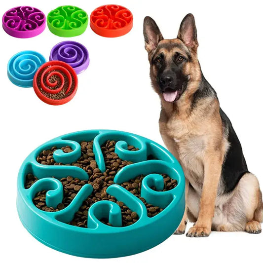 Spiral-patterned pet food bowl filled with kibble, shown in various colors alongside a German Shepherd dog.