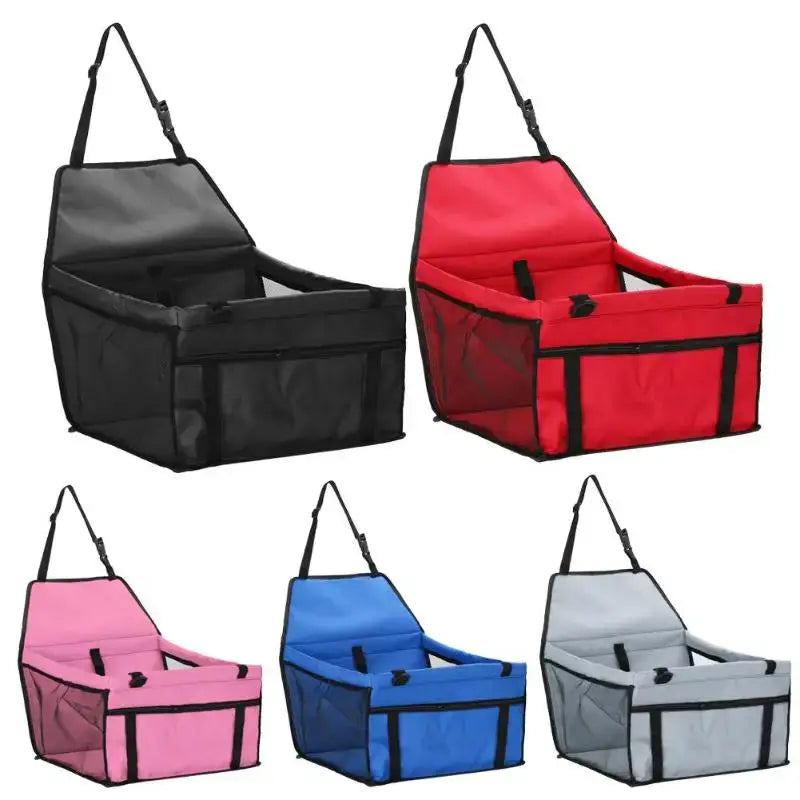 Pet car seats in various colors including black, red, pink, blue, and gray.