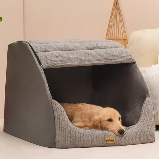 Dog bed with a covered top and a golden retriever puppy resting inside.