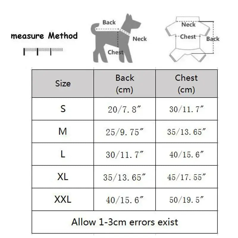 Size chart for dog clothing with measurements for back and chest dimensions.