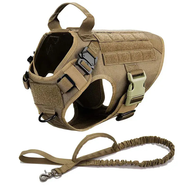 Tactical dog harness with attached leash in tan color.