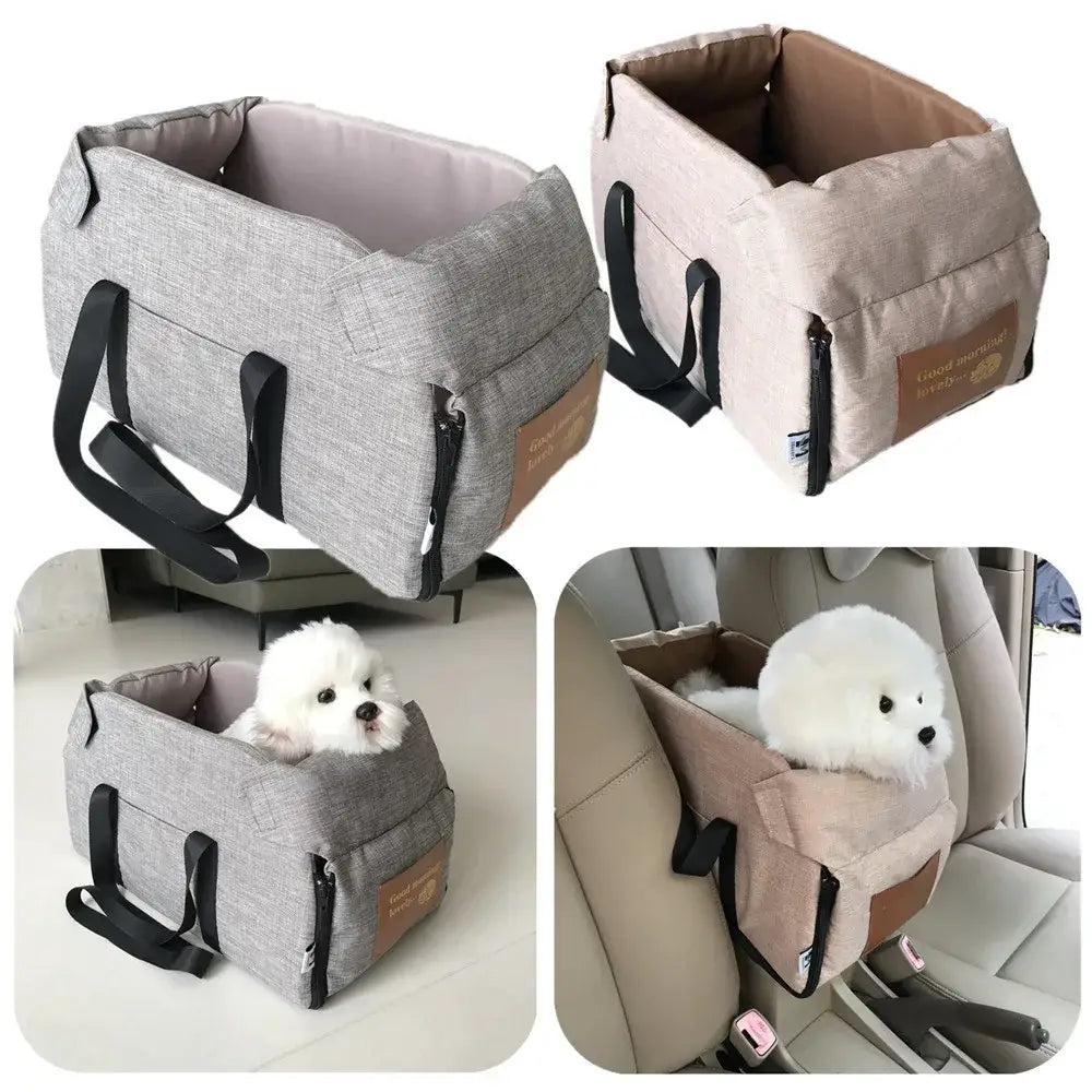 Pet carrier designed for small dogs or cats, with a convertible design for use as a car seat or portable bed.