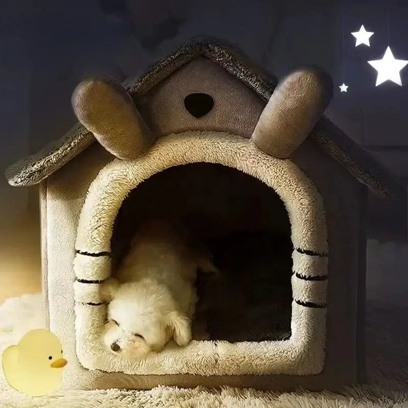 Plush dog house shaped like a cartoon animal face with ears.