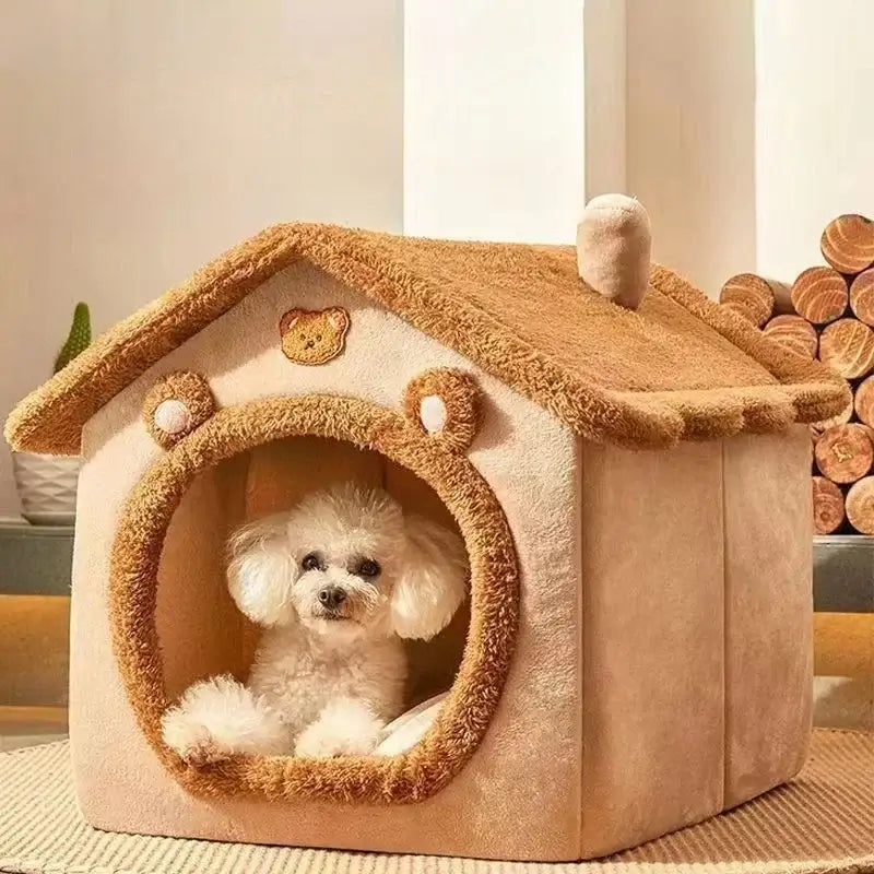 Plush dog house with a small white dog peeking out from the circular entrance.