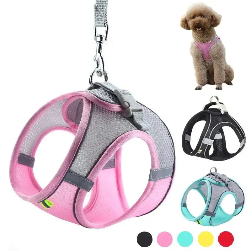 Dog harness with mesh fabric and adjustable straps in various colors.