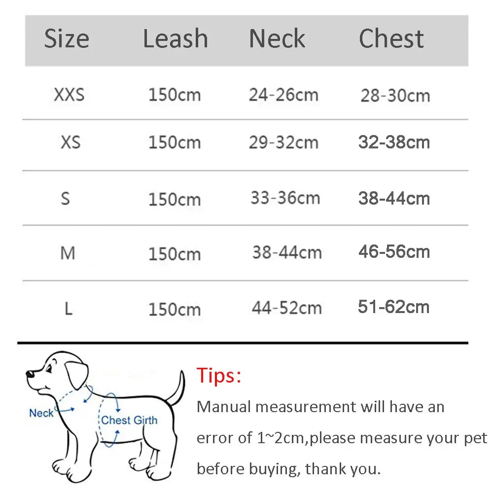 Size chart for dog leashes and harnesses with measurements for different dog sizes.