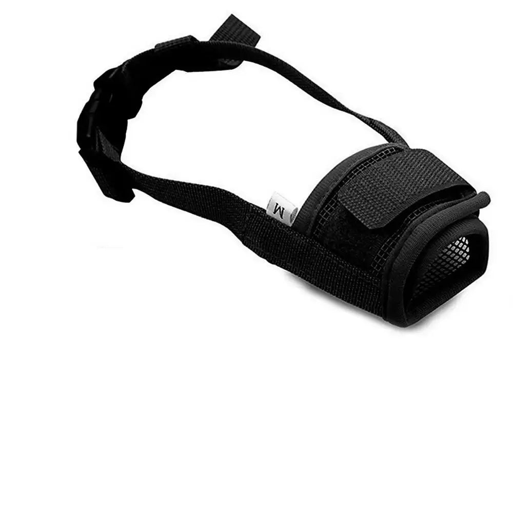 Black fabric dog muzzle with adjustable strap.