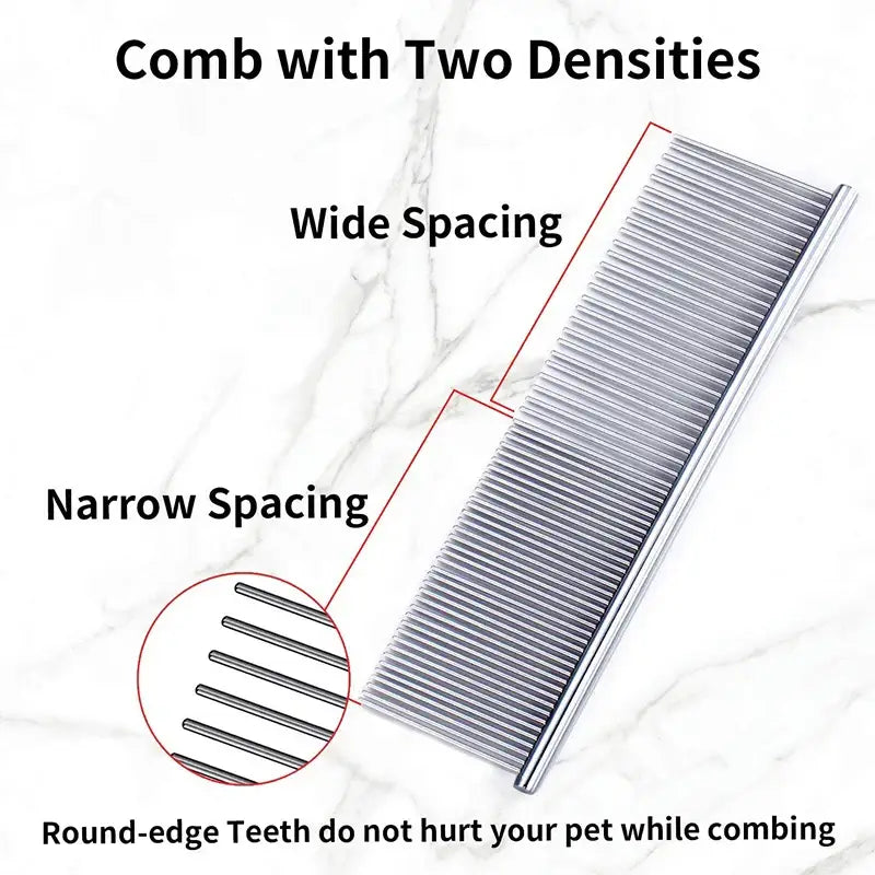 Dual-density pet comb with wide and narrow tooth spacing sections.