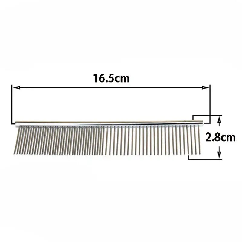 Metal comb with fine, closely-spaced teeth measuring 16.5cm in length and 2.8cm in height.