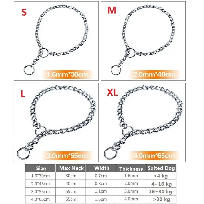 Metal chain collar for dogs in various sizes with corresponding specifications.