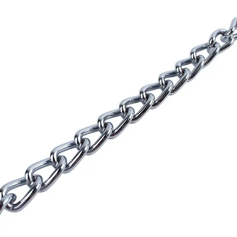 Silver metal chain with interlocking oval links.