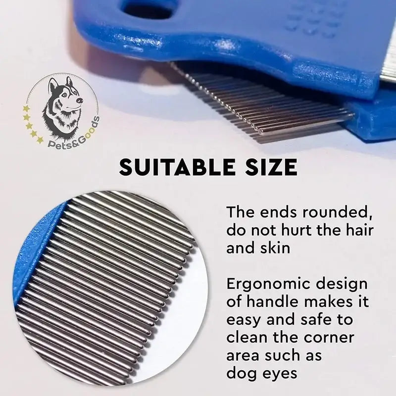 Blue-handled pet grooming comb with fine metal teeth.