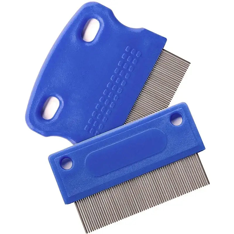 Blue plastic flea combs with fine metal teeth.