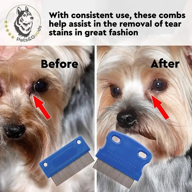 Dog grooming comb for removing tear stains.