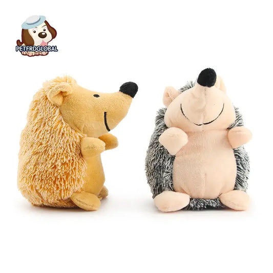 Two plush toys depicting a hedgehog and a porcupine sitting side by side.