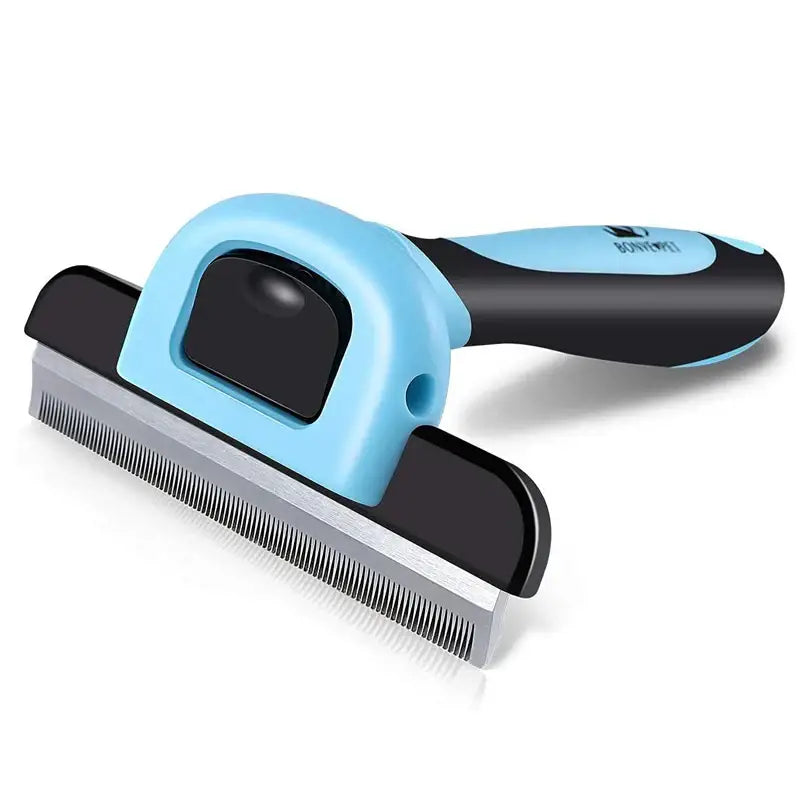 Pet grooming brush with a blue and black handle and metal comb attachment.