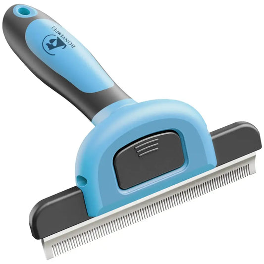 Pet grooming brush with a blue and gray handle and a metal comb attachment.