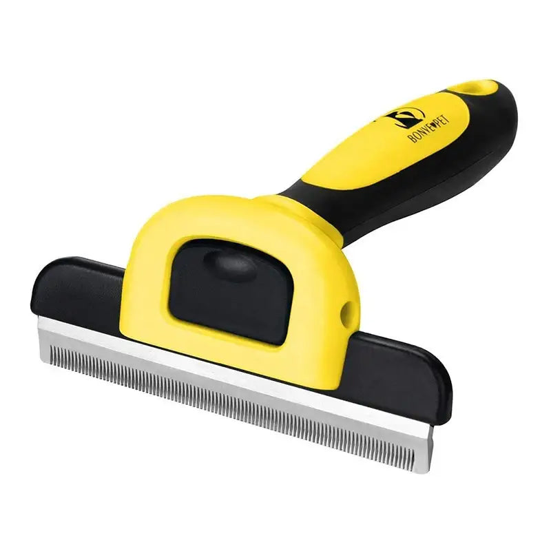 Pet grooming brush with a yellow and black handle and metal comb teeth.