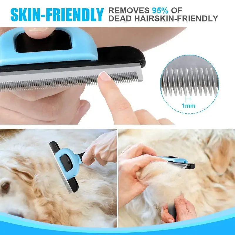 Pet grooming tool with a blue handle and metal comb for removing dead hair.