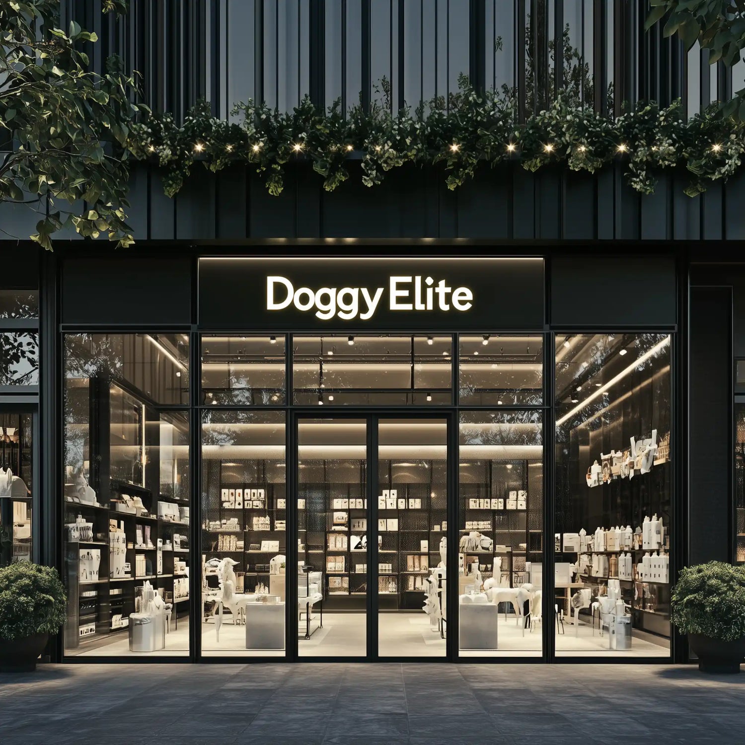 Modern storefront of a pet shop called ’Doggy Elite’ with illuminated signage.