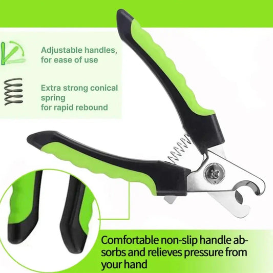 Pet nail clipper with an ergonomic green and black handle featuring a spring mechanism.