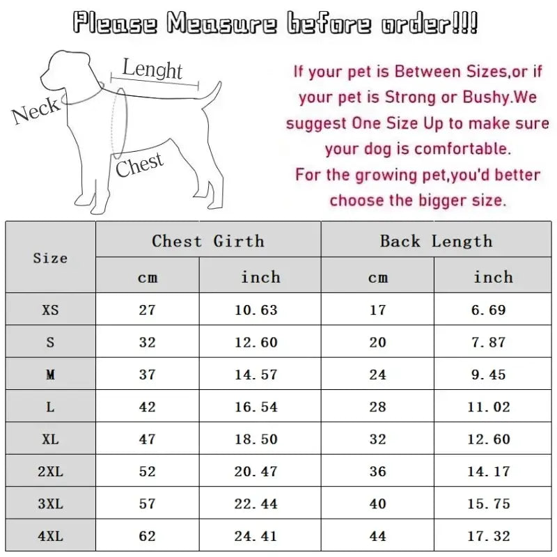 Dog sizing chart for pet clothing or accessories.