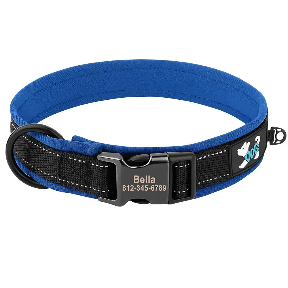 Blue and black padded dog collar with a personalized name tag and paw print design.