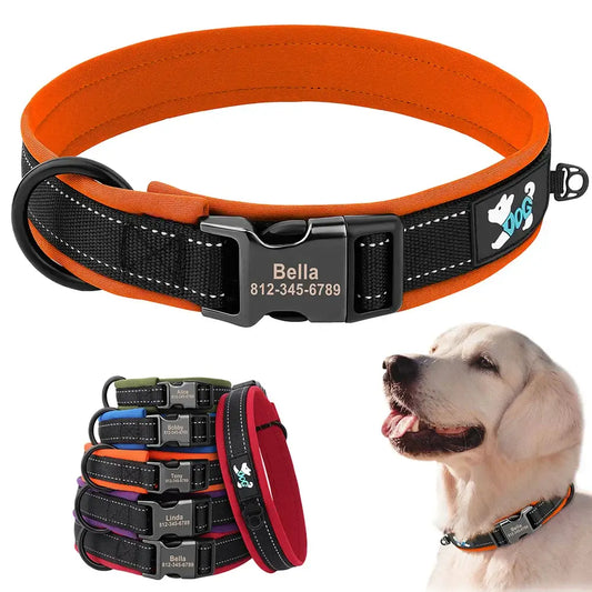 Customizable dog collar with a reflective strip and engraved name tag.