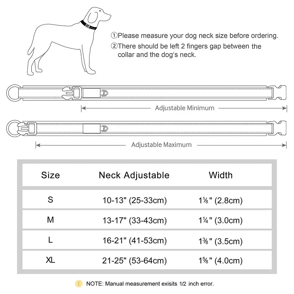 Dog collar sizing guide with illustrations and a measurement chart.