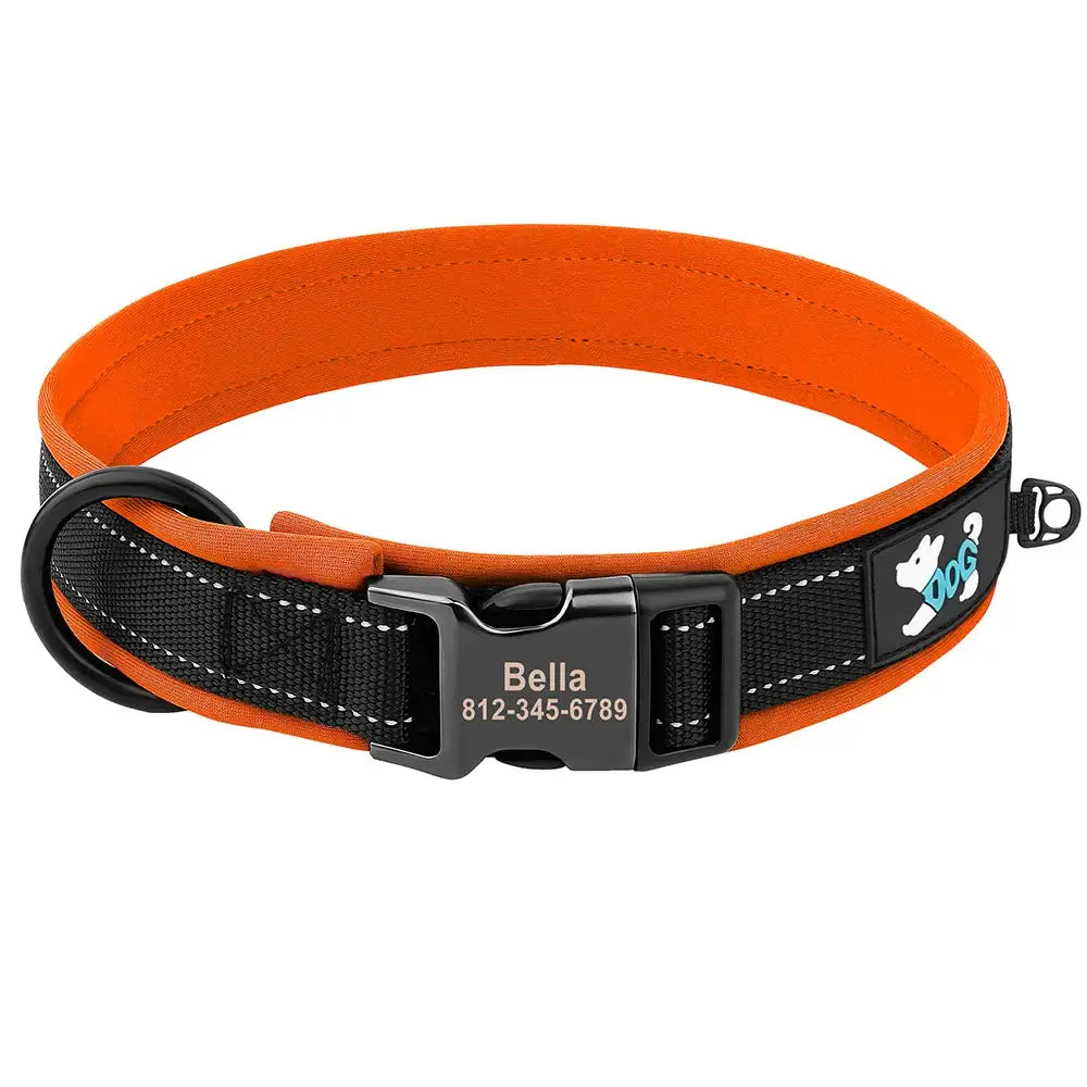 Orange and black dog collar with a personalized name tag and paw print design.