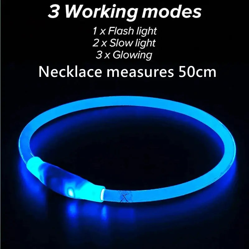 Glowing blue LED necklace with three lighting modes.