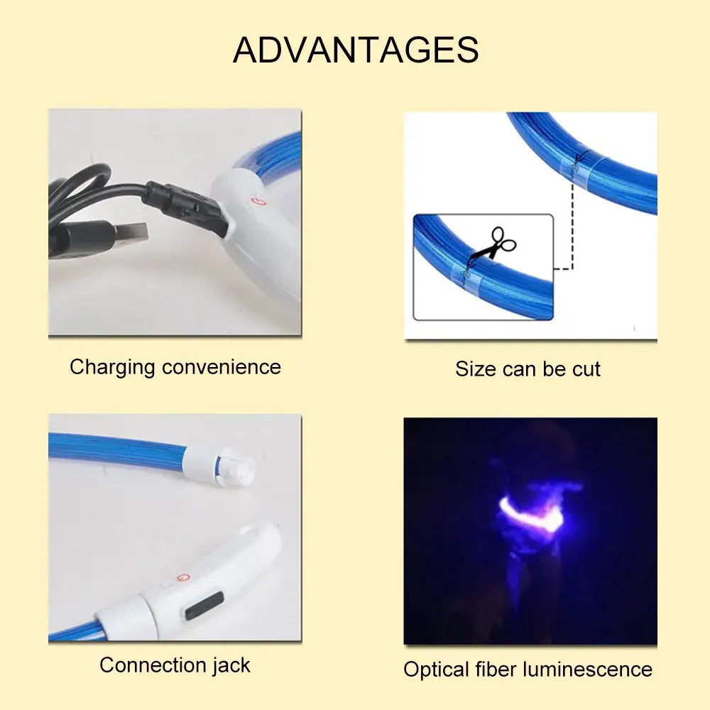 Glowing blue optical fiber cable with highlighted features and advantages.