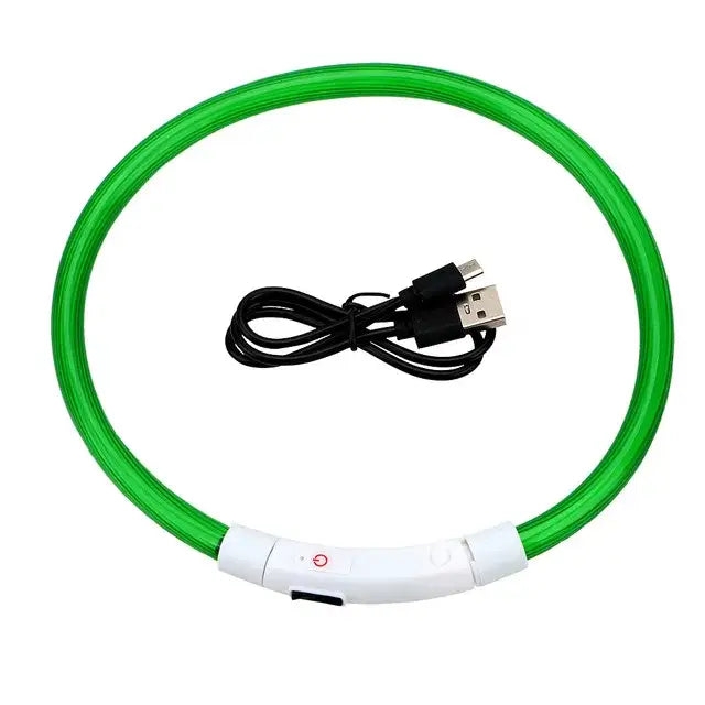 Bright green LED light-up collar for pets with USB charging cable.