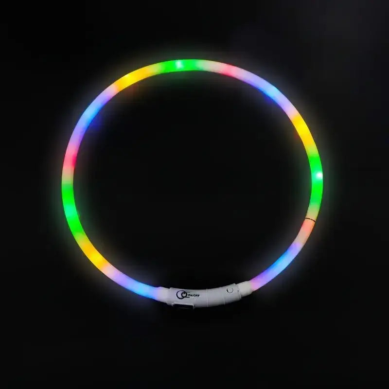 Circular LED light necklace or collar with multicolored segments.