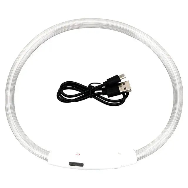 Circular white LED light collar with attached USB charging cable.