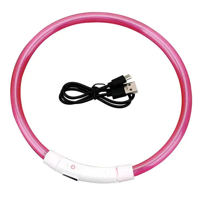 Pink LED light-up collar for pets with USB charging cable.