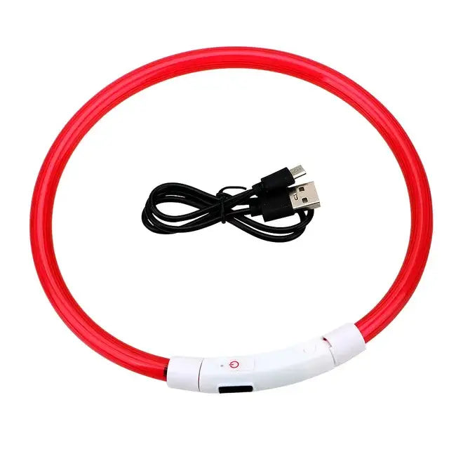 Red LED light-up dog collar with USB charging cable.