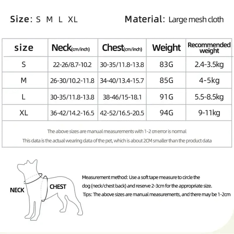 Size chart for dog clothing with measurements for neck, chest, and weight across different sizes.