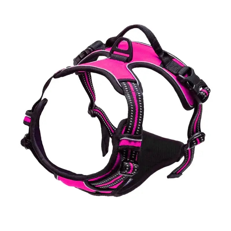 Bright pink and black adjustable dog harness with multiple straps and buckles.