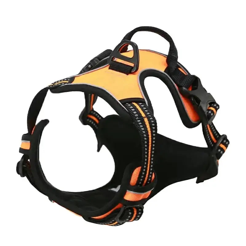 Dog harness with black and orange coloring featuring adjustable straps and a padded chest piece.