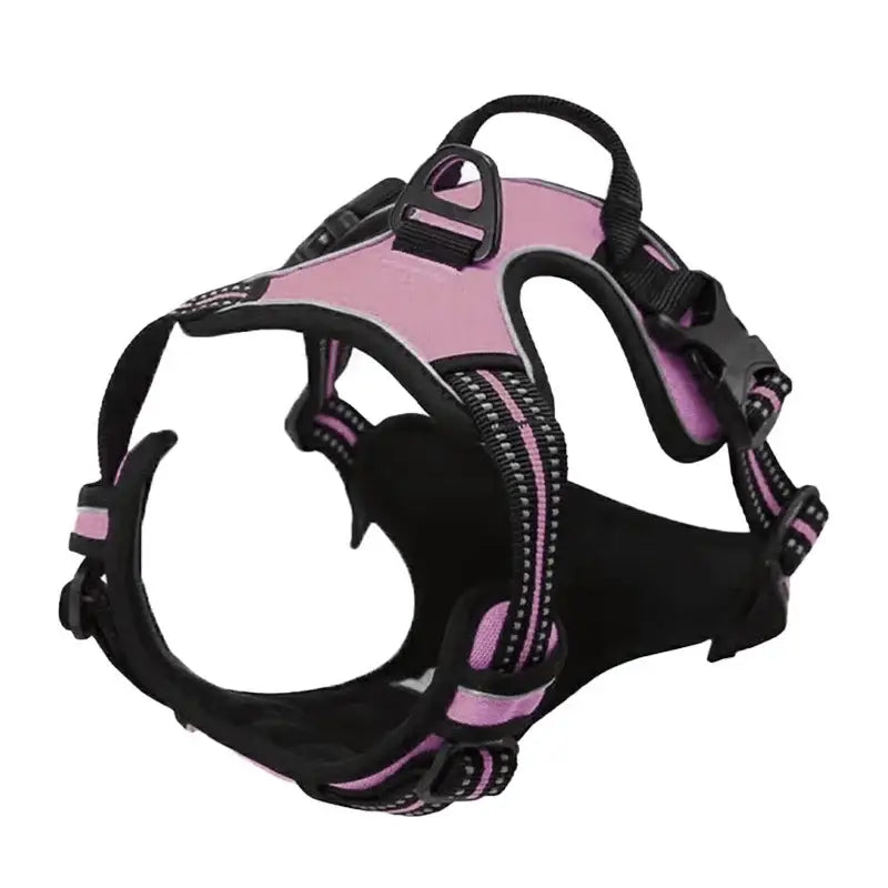 Dog harness with black and pink coloring.