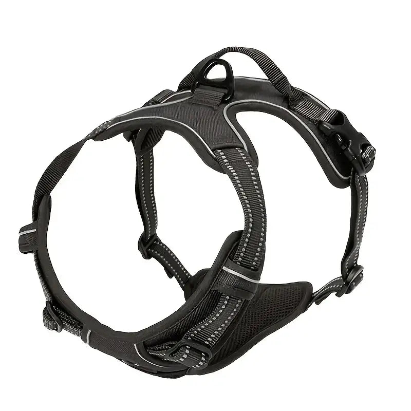 Dog harness with padded chest plate and adjustable straps.