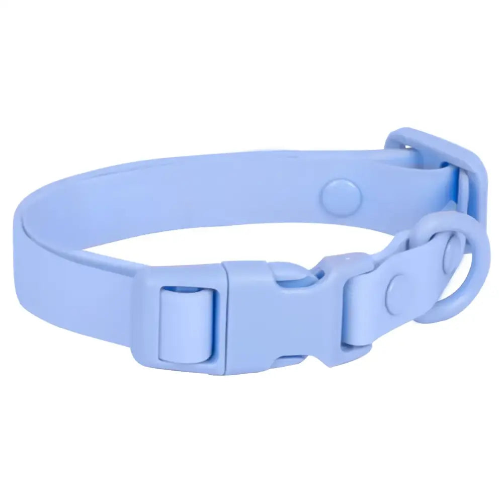 Light blue adjustable pet collar with a plastic buckle and metal ring.