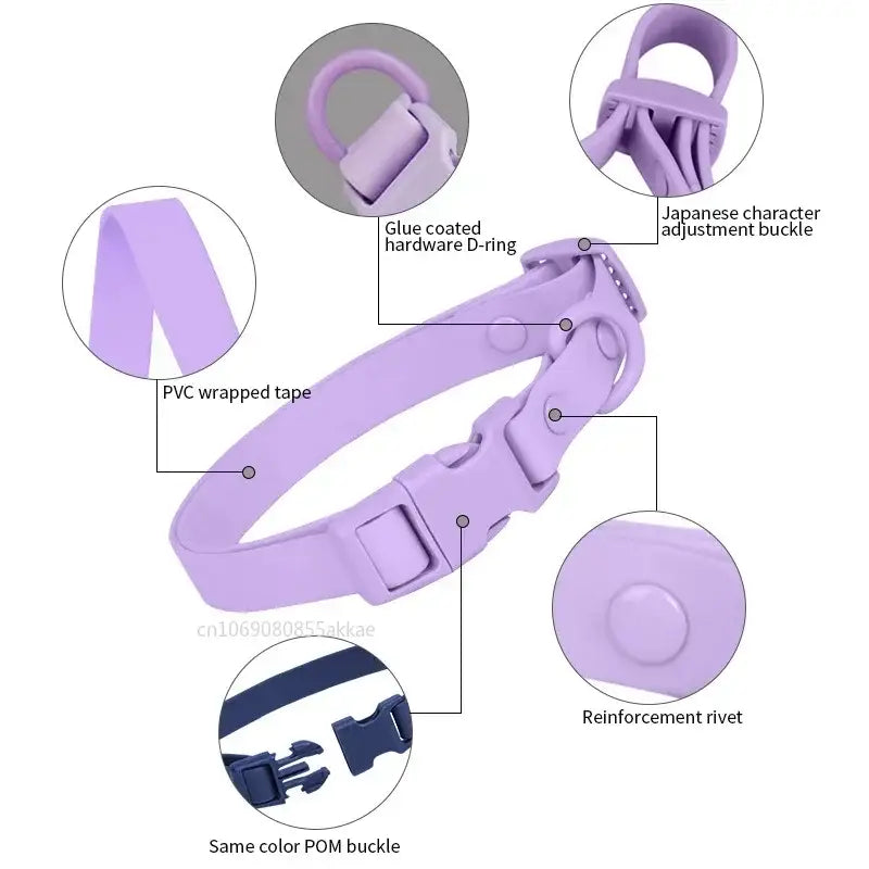 Purple adjustable dog collar with various labeled components and features.