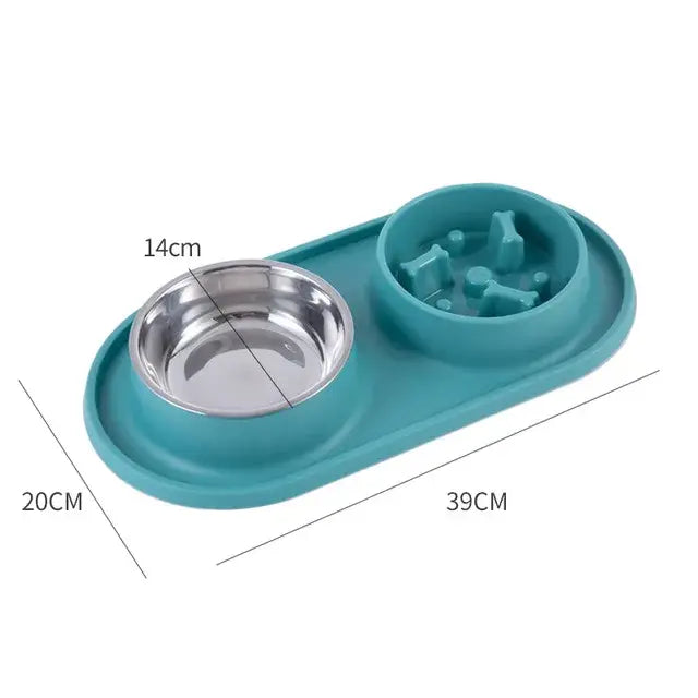 Pet feeding bowl set with a stainless steel dish and a slow-feeder section on a teal base.