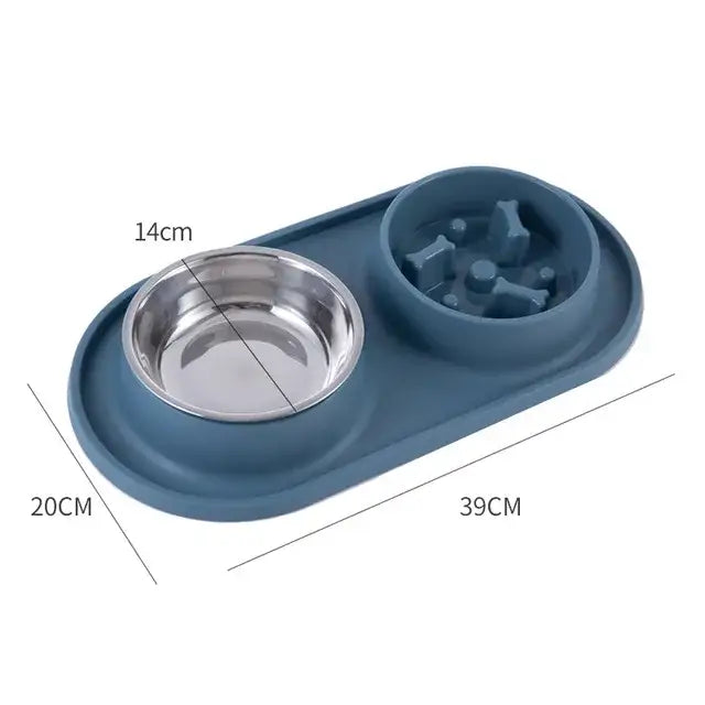 Pet feeding bowl set with a stainless steel dish and a slow-feeder section on a blue base.