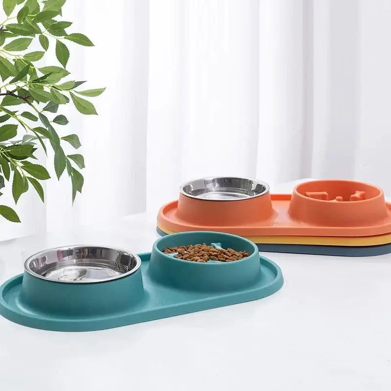 Pet feeding bowls on colorful non-slip trays.