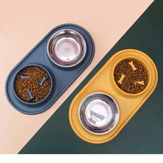 Pet food bowls with attached water dishes in blue and yellow colors.