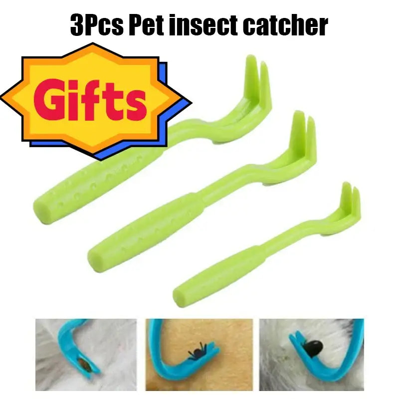 Set of three green plastic tick removal tools for pets, with a ’Gifts’ label and smaller images showing usage.