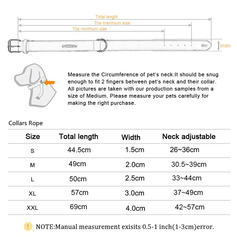 Dog collar with sizing chart and measurement instructions.